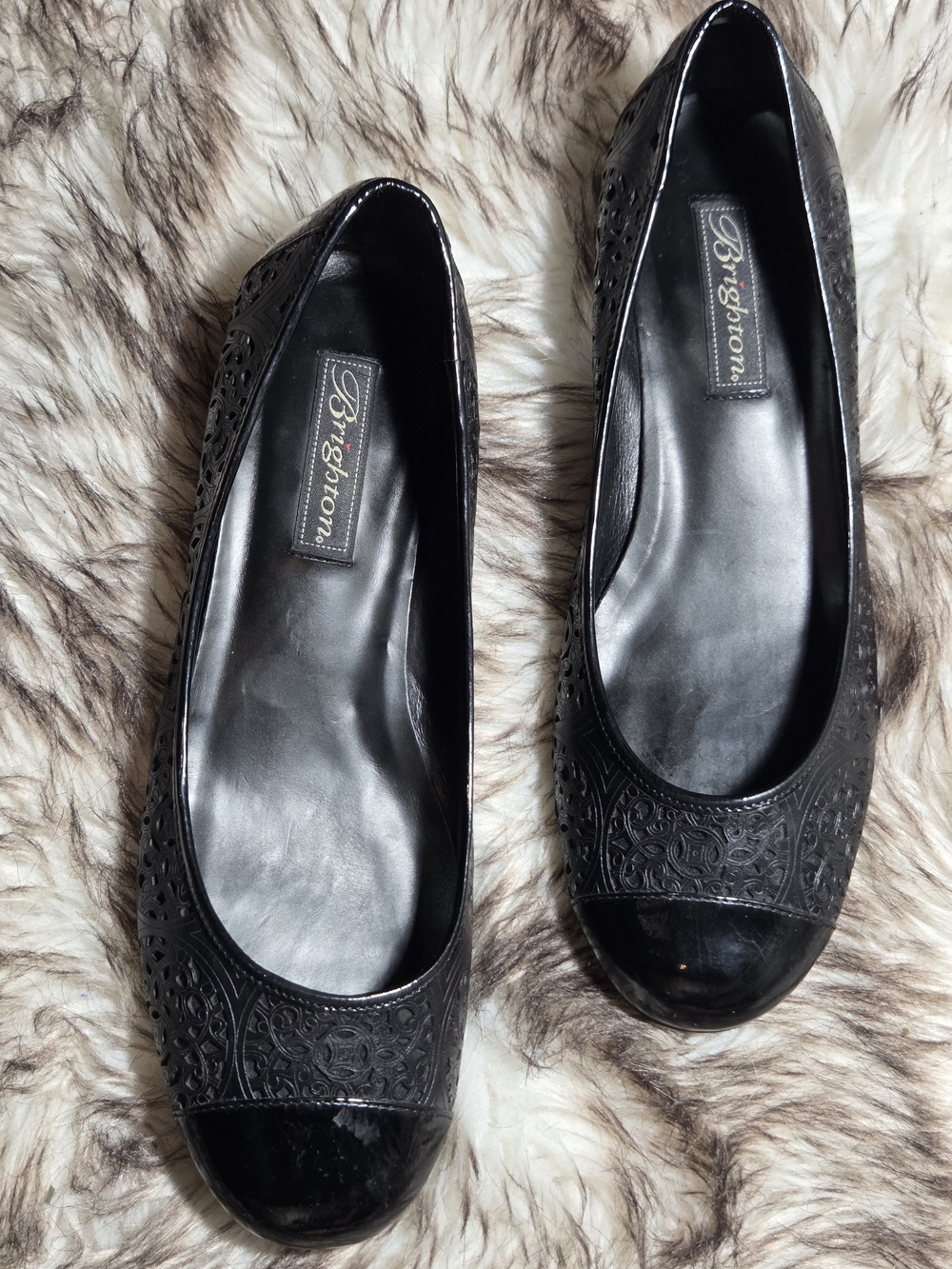 Brighton DECO Black Embossed Leather Patent Cap Toe Ballet Flats Sz 9.5M NWOB